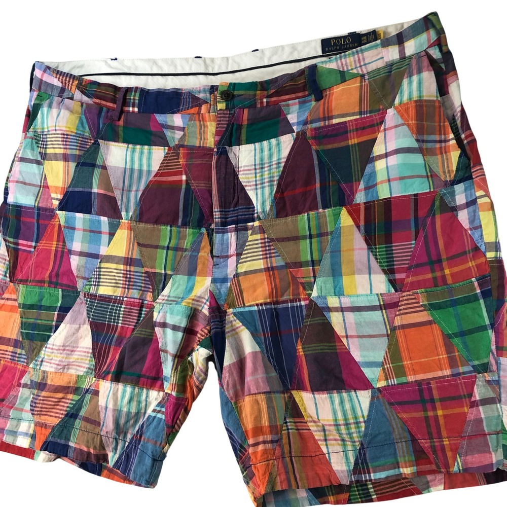 Polo Ralph Lauren Patchwork Shorts Men 48B Triangle Madras Cotton Multi Color 9"